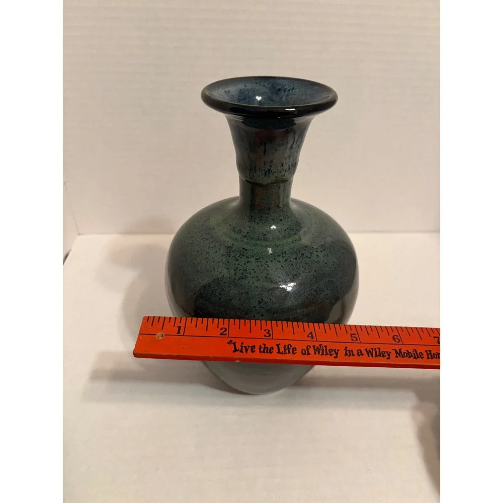 Dodge Studio Pottery Vase Teal Green Drip Glaze Handcrafted Stoneware 9.5 Inch